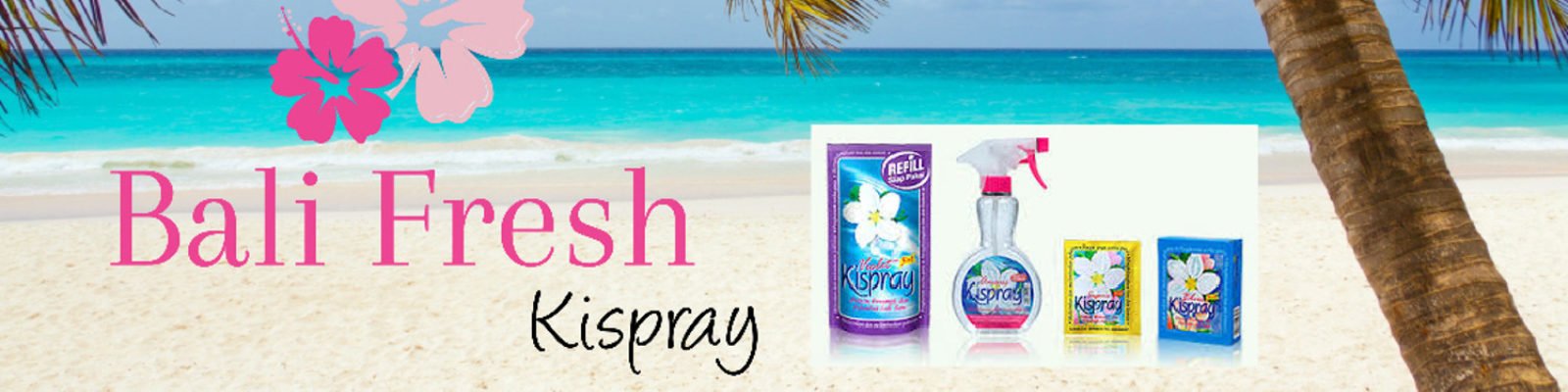 Balinese-inspired Kispay cleaning products on a tropical beach backdrop, featuring the ocean, sand, and palm trees