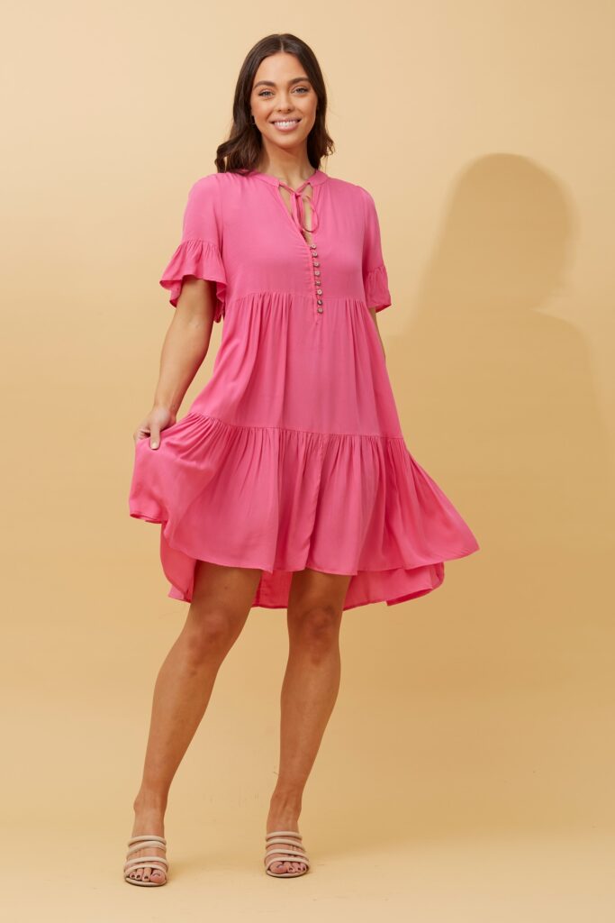 TIERED SHORT DRESS WITH NECK FRILL A CERAMIC GARDEN