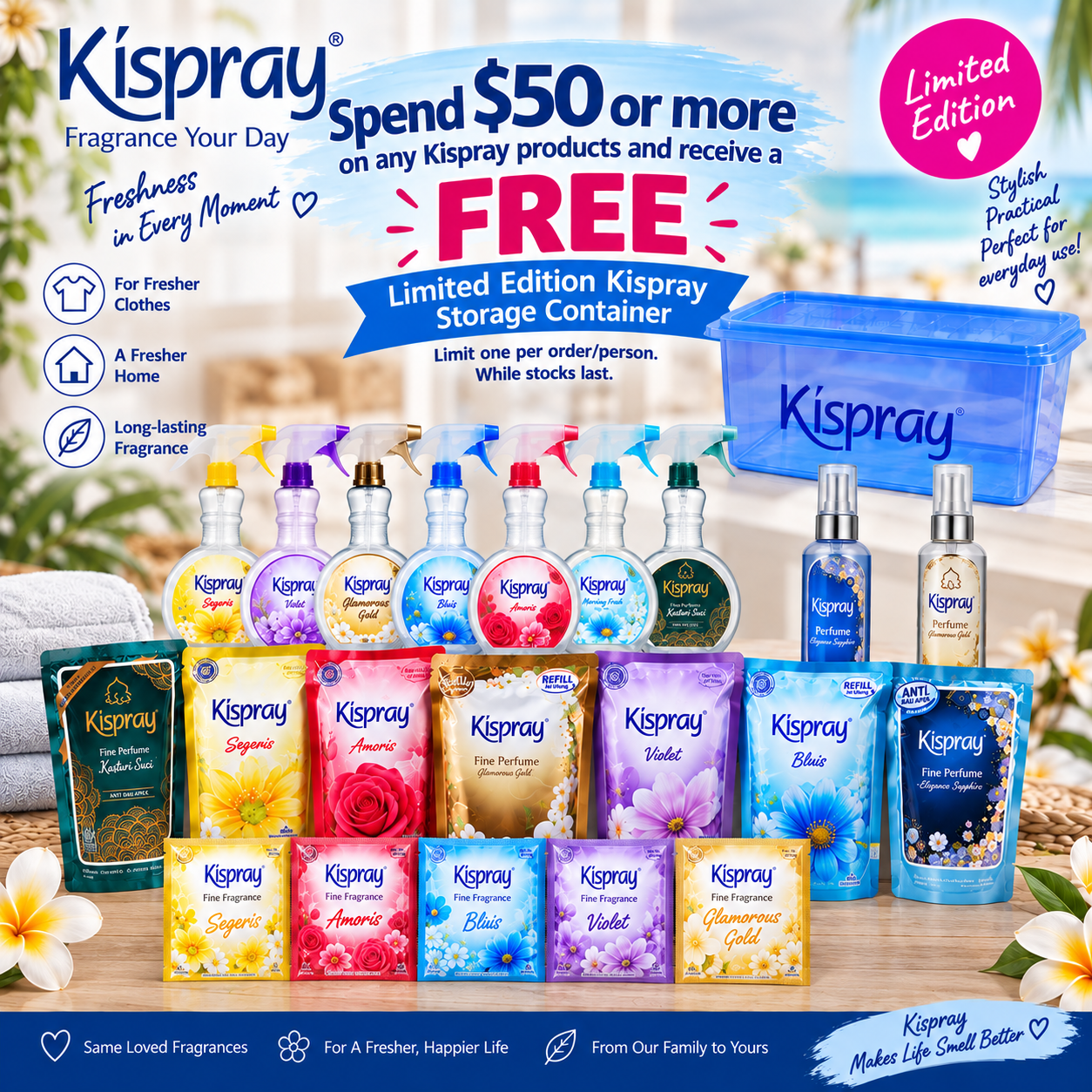 Spend $50 or more on Kispray products and receive a FREE Limited Edition Kispray Storage Container -While stocks last